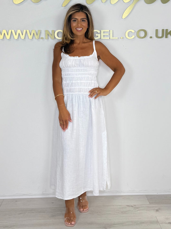 Linen Smocked Thin Strapped Side Split Maxi Dress (3 Colours)