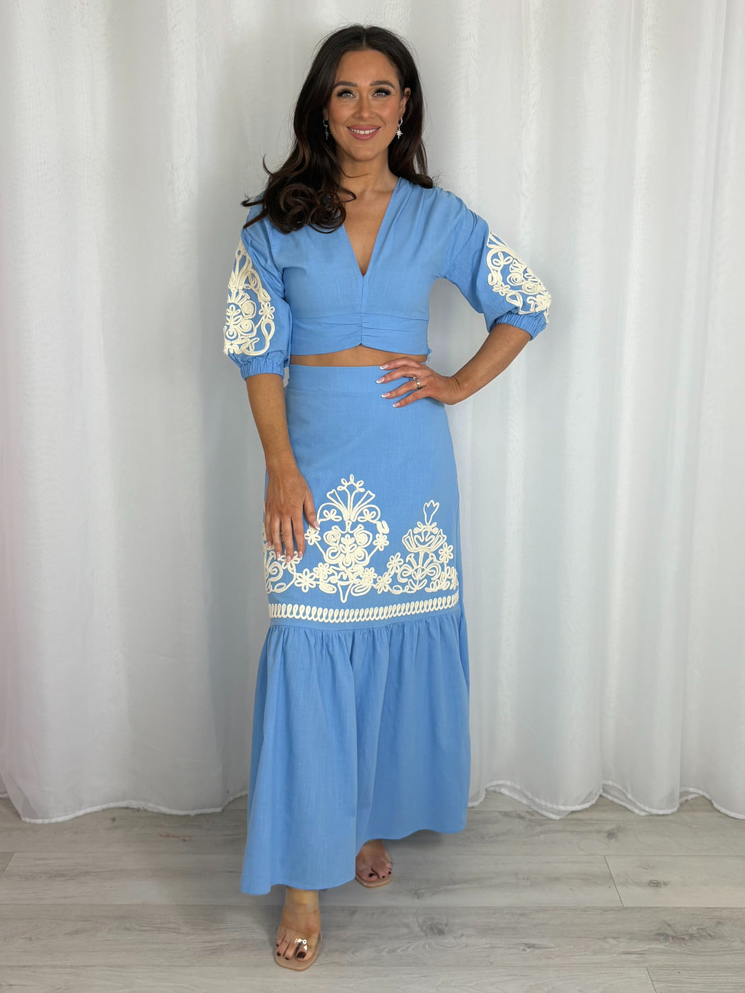 Puff Ball Sleeve Embroidered V-Neck Top And Maxi Skirt Co-Ord (4 Colours)