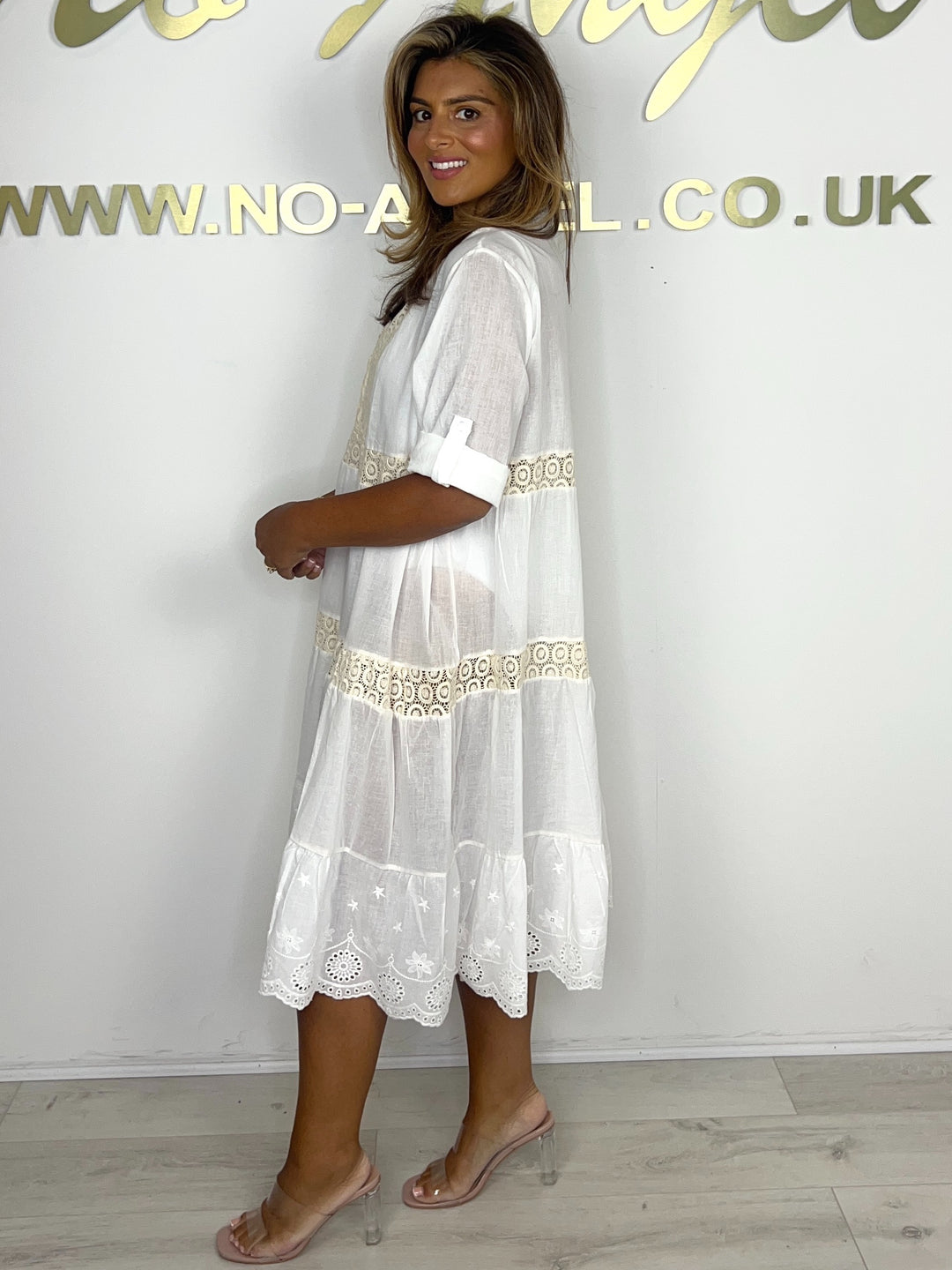 White Cream Crochet Detail Tiered Beach Dress