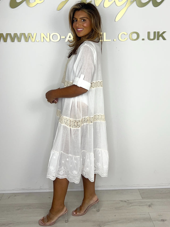 White Cream Crochet Detail Tiered Beach Dress