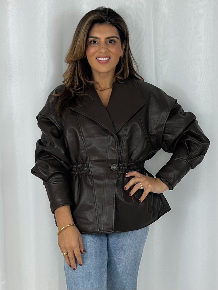 Brown Faux Leather PU Elasticated Waist Jacket