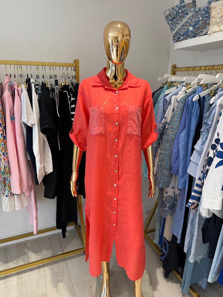 Sequin Pocket & Back Detail Linen Shirt Dress (5 Colours)