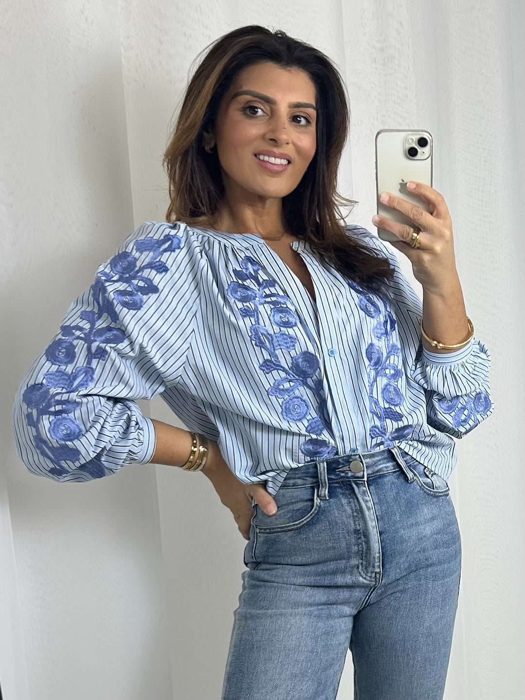Flower Embroidered Pinstripe Shirt (2 Colours)