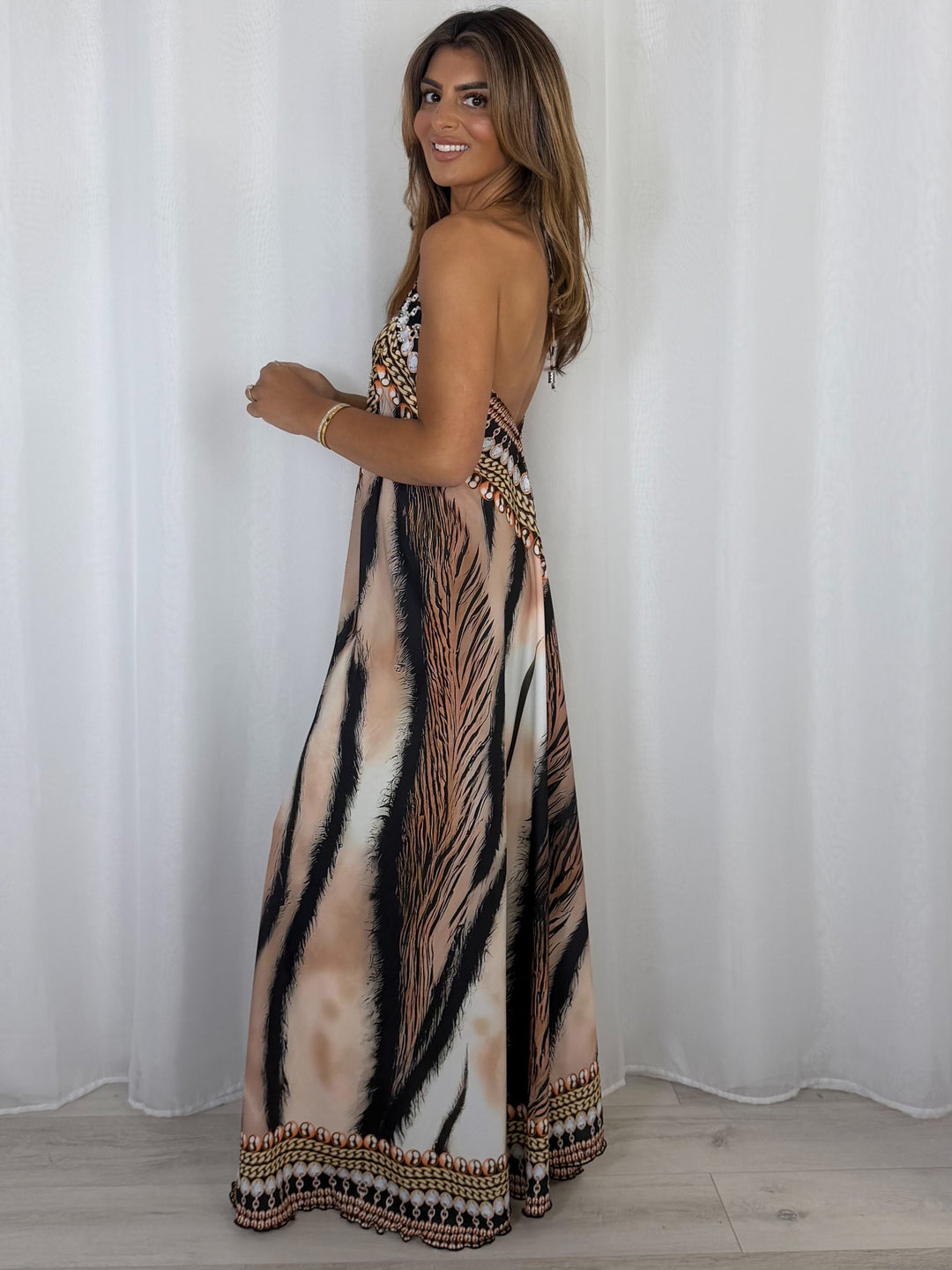 V-Neck Jewelled Printed Low Back Maxi Dress