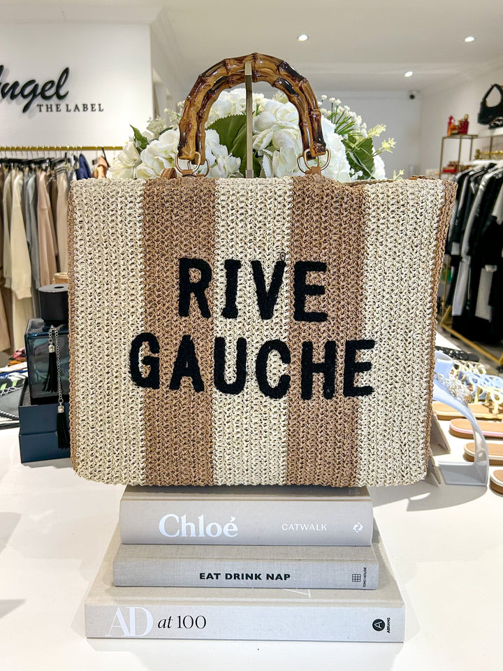 Rive Gauche Striped Beige & Taupe Bamboo Handle Bag (2 Colours)