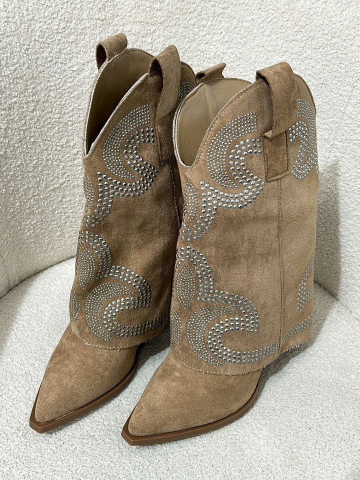 Camel Studded Fold Over Cowboy Boot