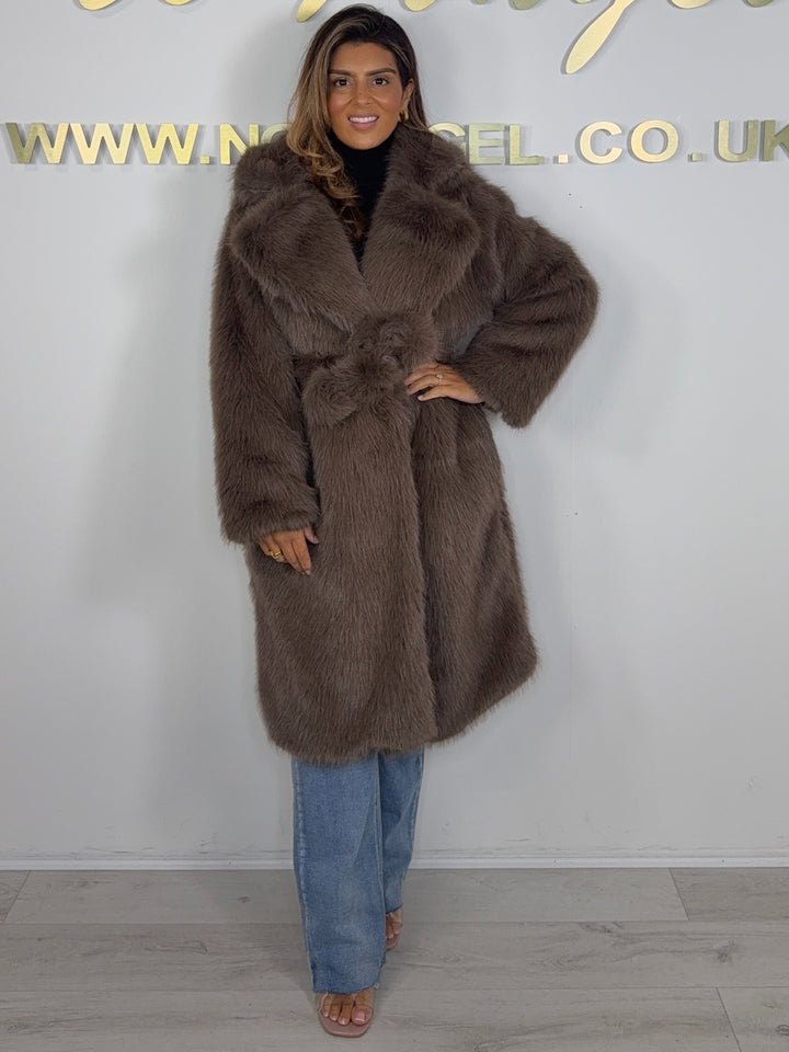 Faux Fur Collared Belted Longline Coat (3 Colours)