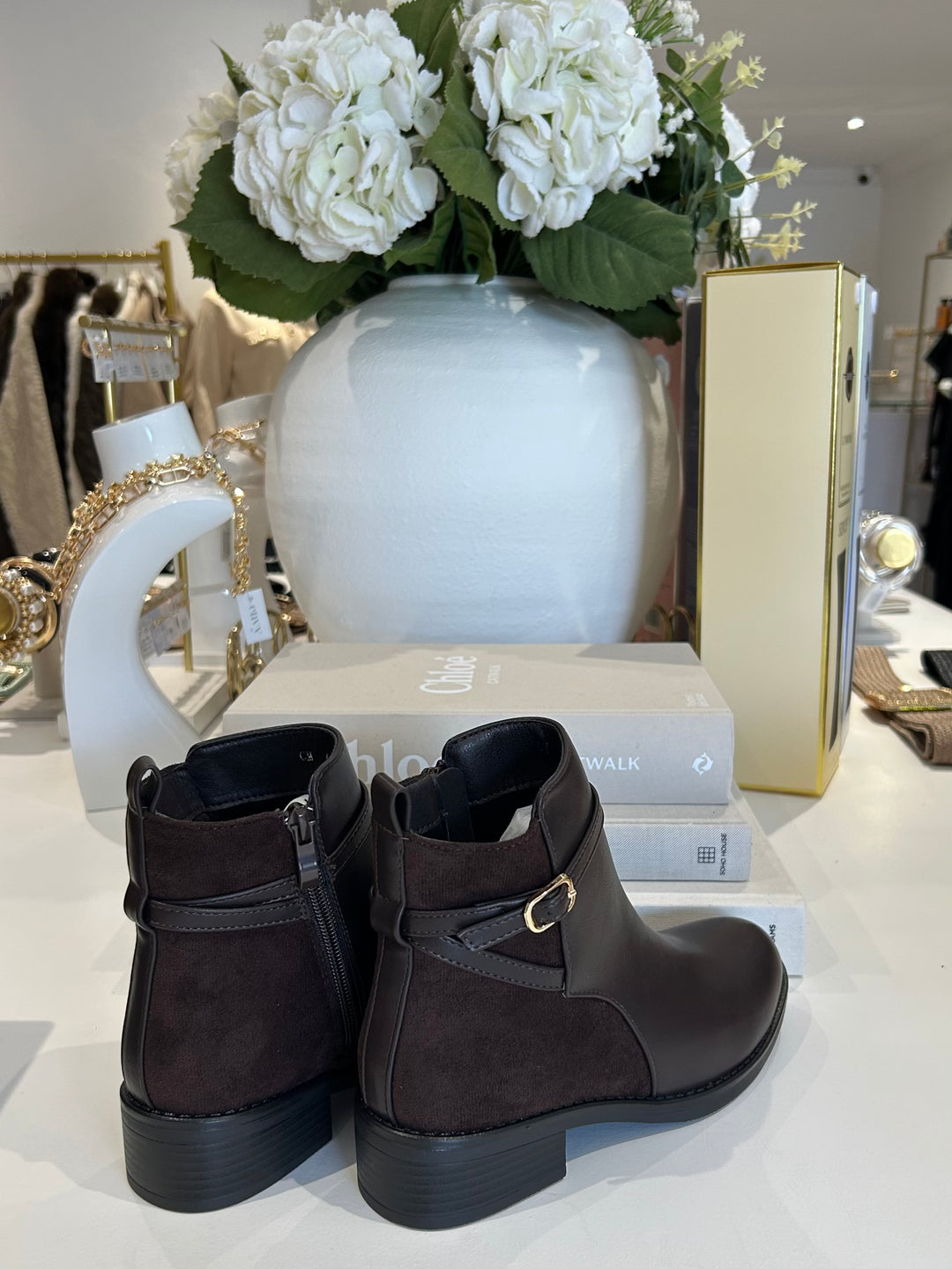 Faux Leather & Suede Gold Buckle Ankle Boots (2 Colours)