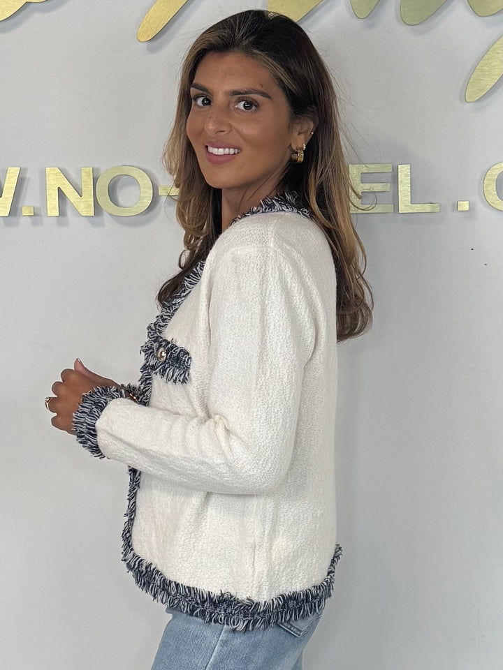 Boucle Fabric V-Neck Gold Button Frayed Edge Jumper (3 Colours)