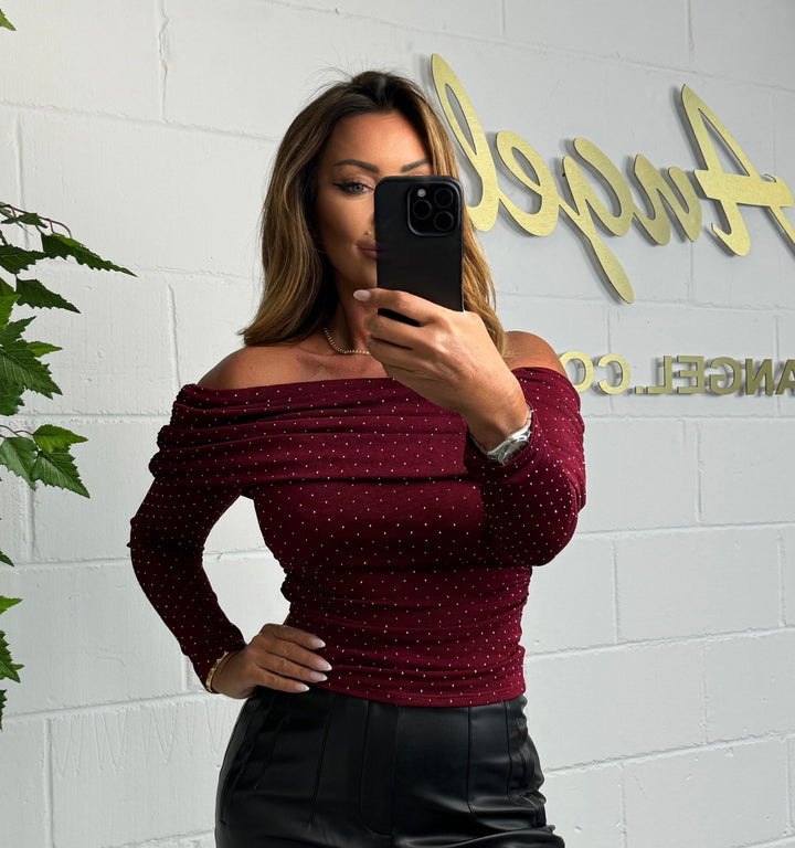 Fold Over Bardot Sparkly Studded Top (3 Colours)