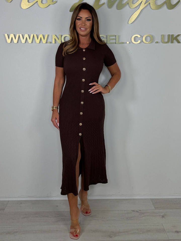 Ribbed Collared Gold Button Front Split Maxi Dress (2 Colours)