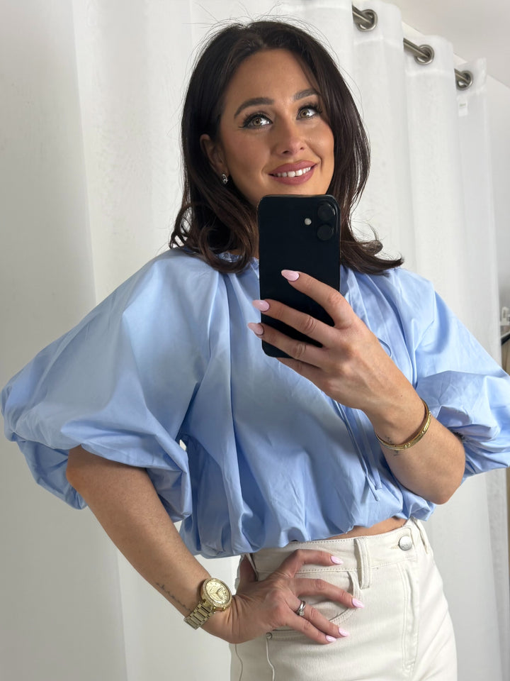 Blue Puff Ball V-Neck Tie Up Detail Top