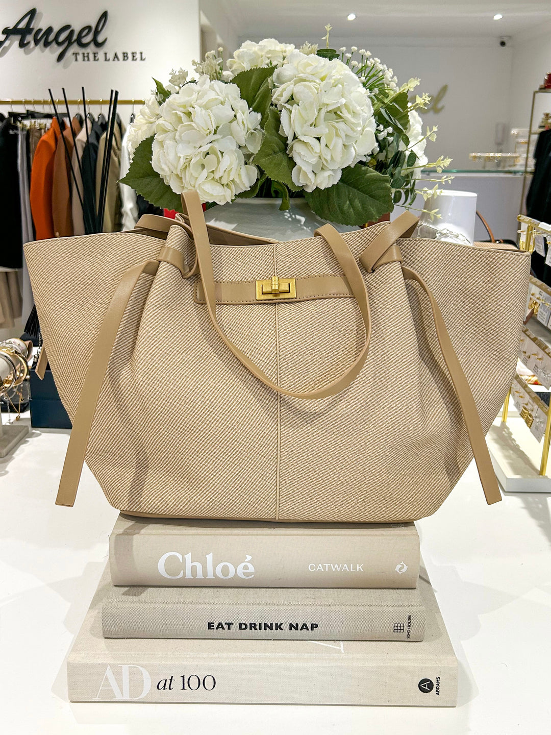 Beige Two Toned Gold Clasp Handbag