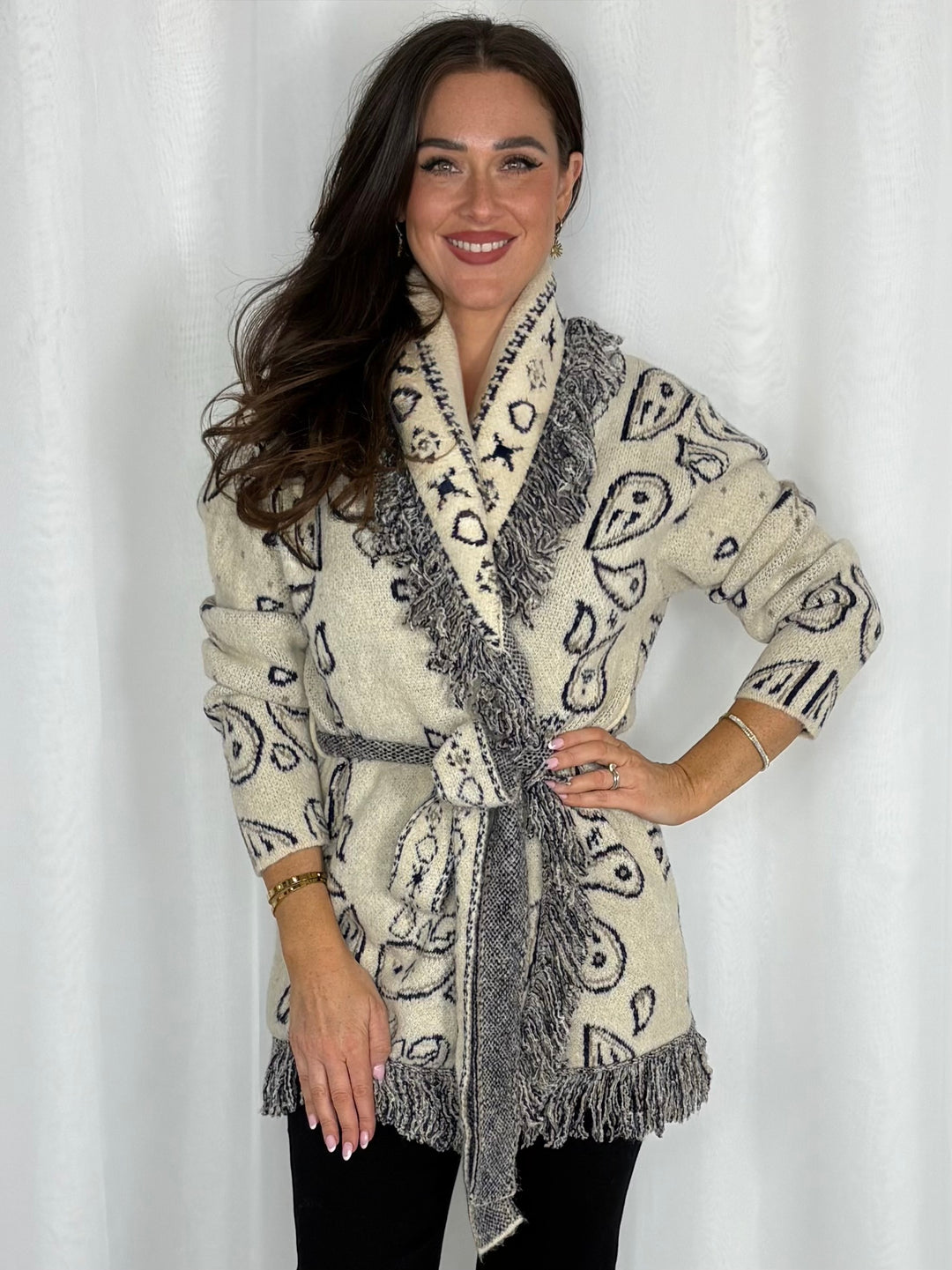 Paisley Print Fringed Belted Cardigan