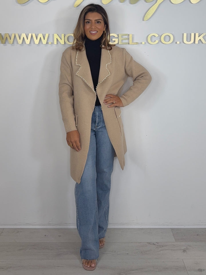 Beige Collared Pearl Edge Longline Cardigan