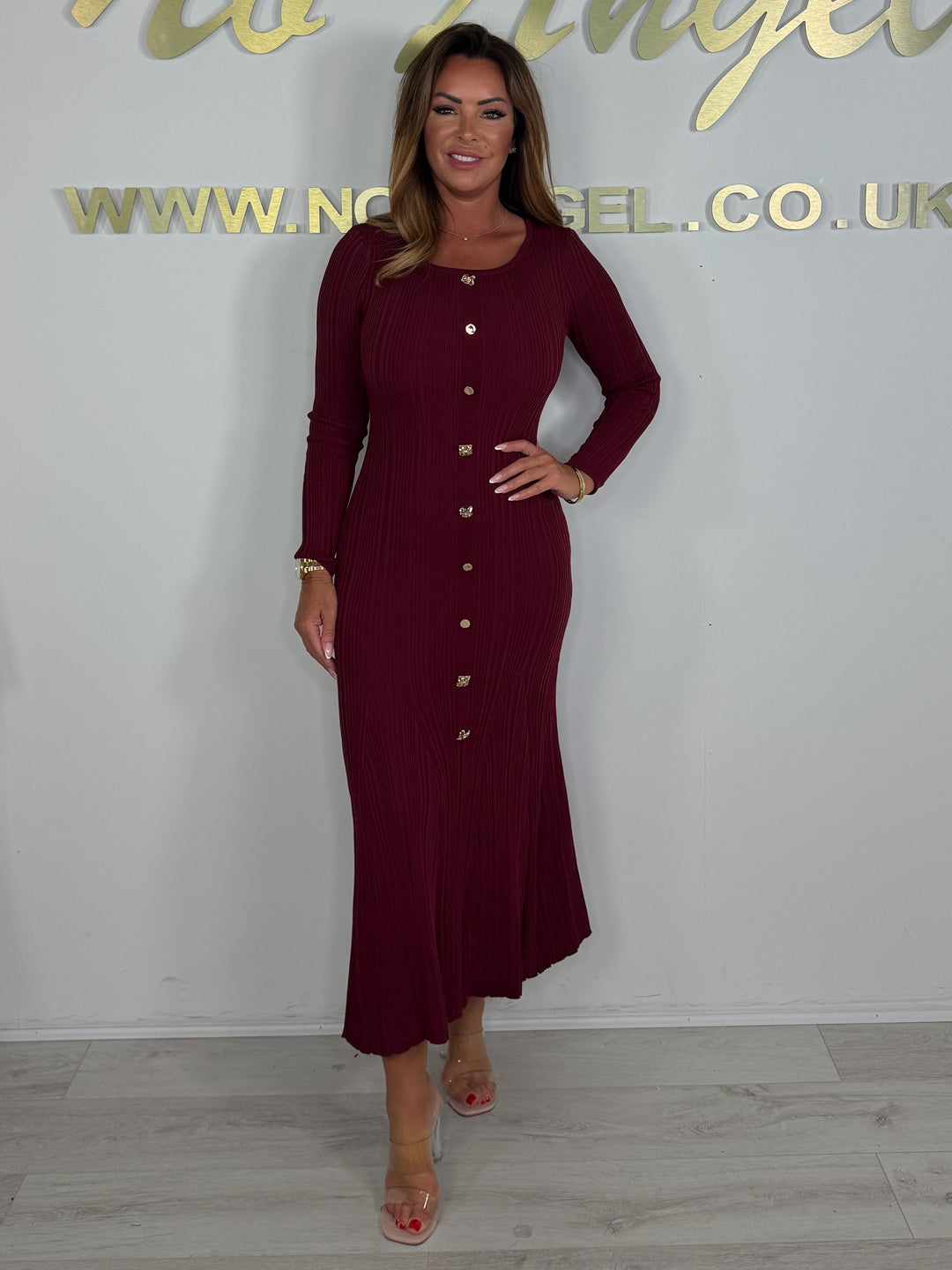 Long Sleeve Textured Gold Button Ribbed Maxi Dress (4 Colours)