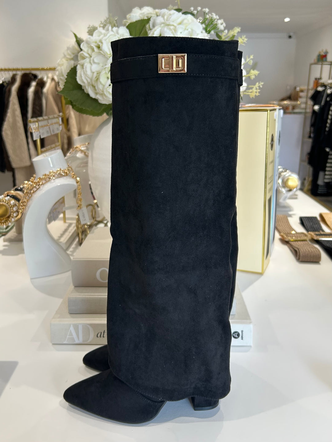 Black Suede Fold Over Gold Buckle Knee High Boots