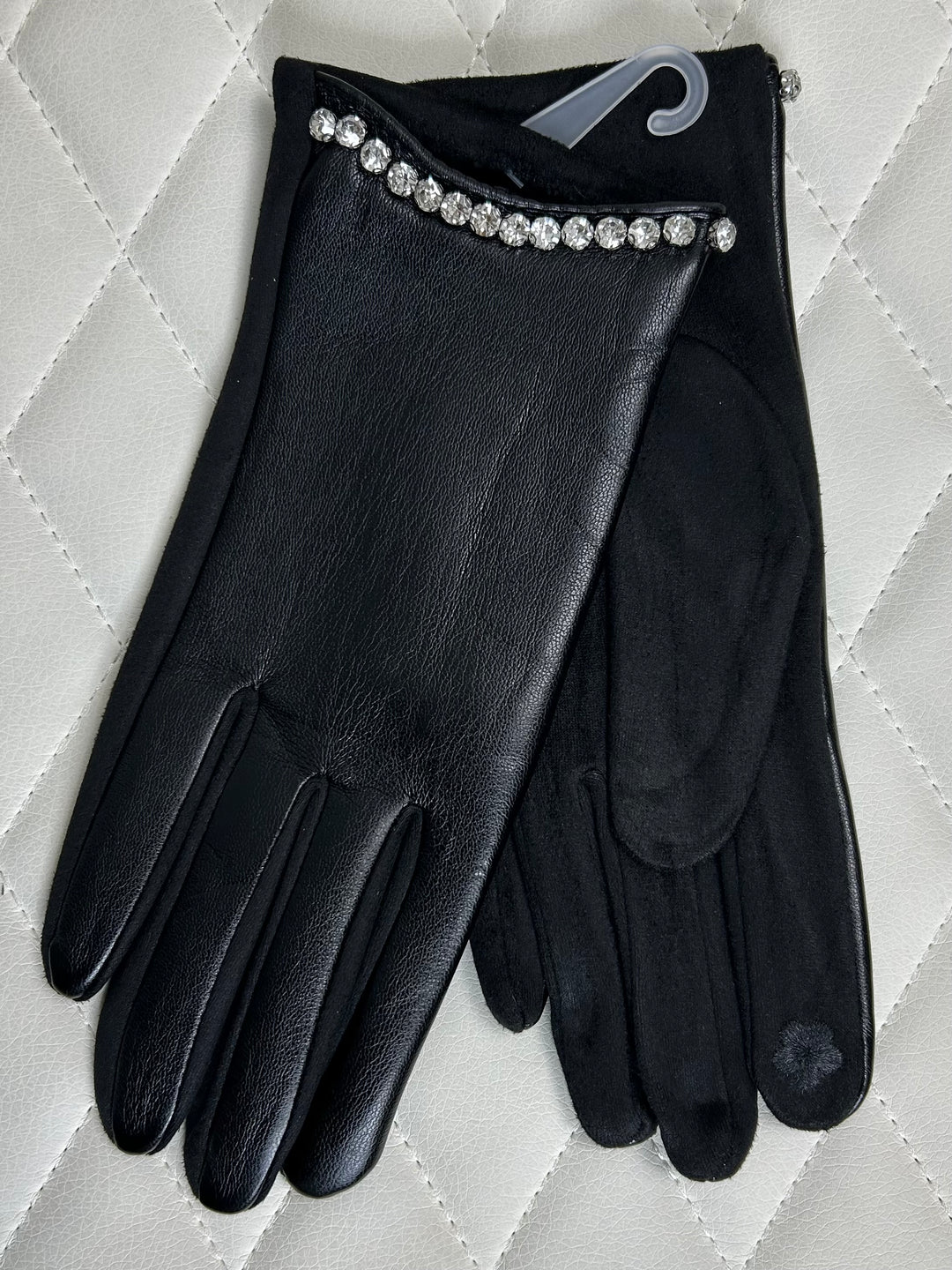 Diamante Trim Faux Leather Gloves  (2 Colours)