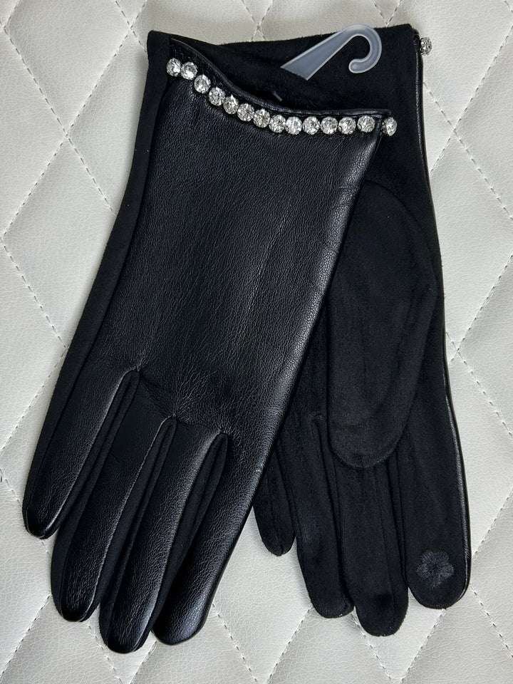 Diamante Trim Faux Leather Gloves  (2 Colours)