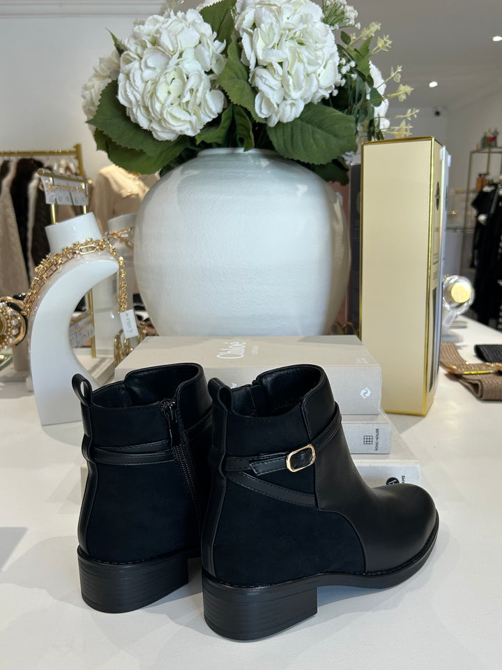 Faux Leather & Suede Gold Buckle Ankle Boots (2 Colours)