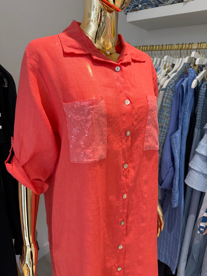 Sequin Pocket & Back Detail Linen Shirt Dress (5 Colours)