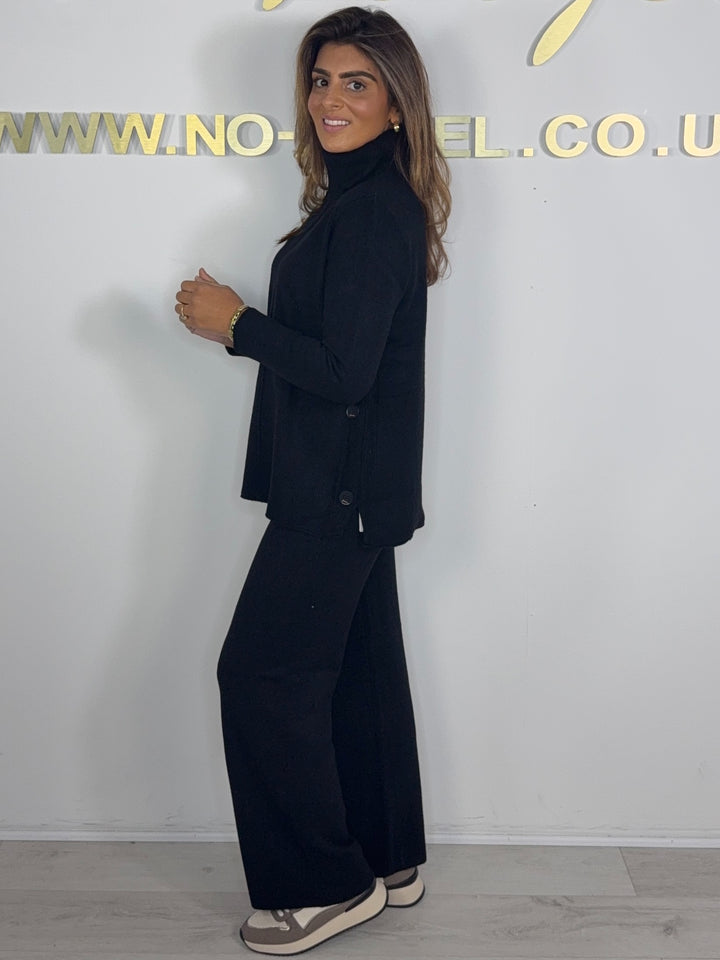 Roll Neck Soft Knit Black Side Button Detail Trouser Co-ord (6 Colours)