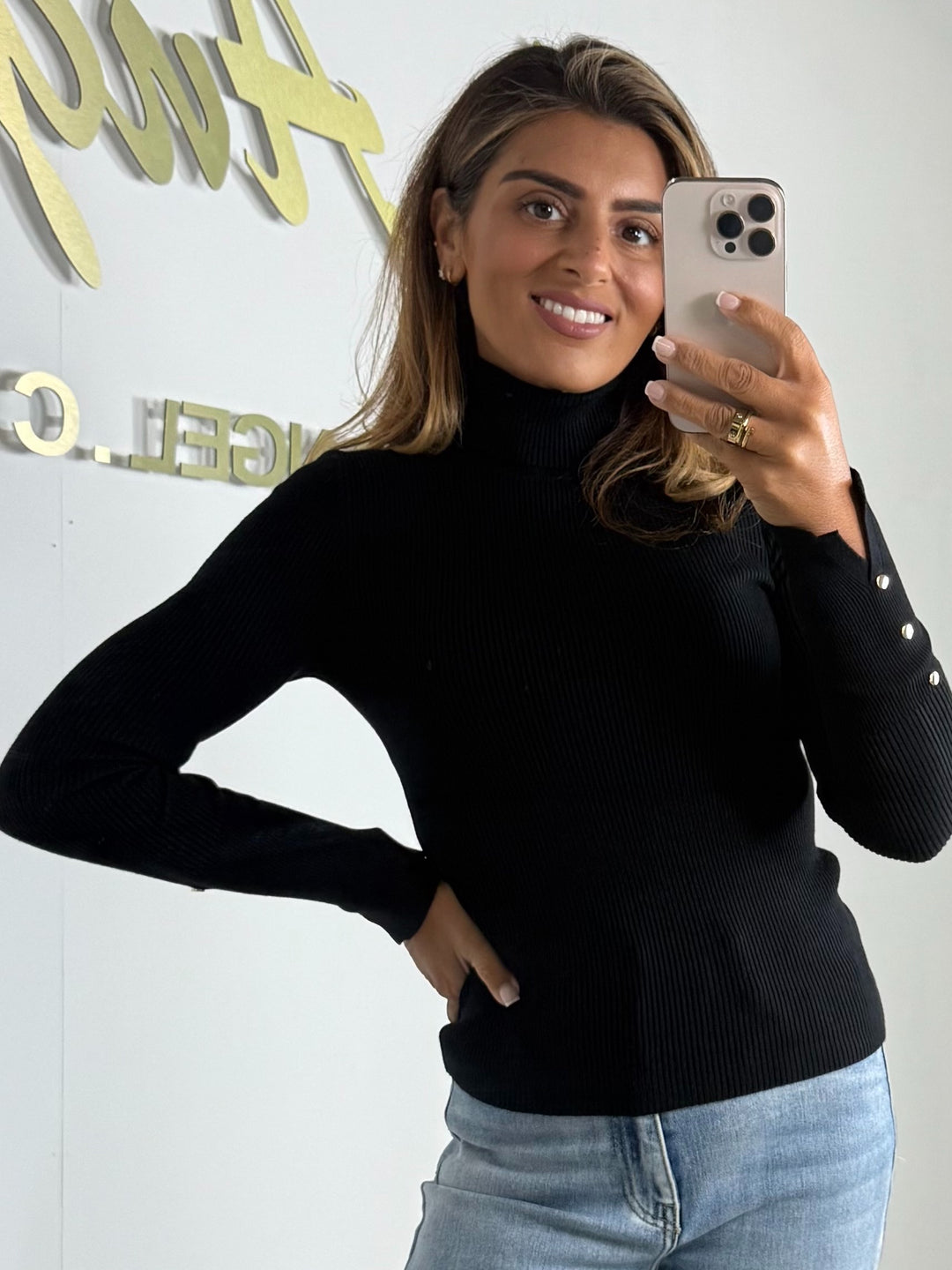 Ribbed Roll Neck Long Sleeve Gold Button Detail Jumper (4 Colours)