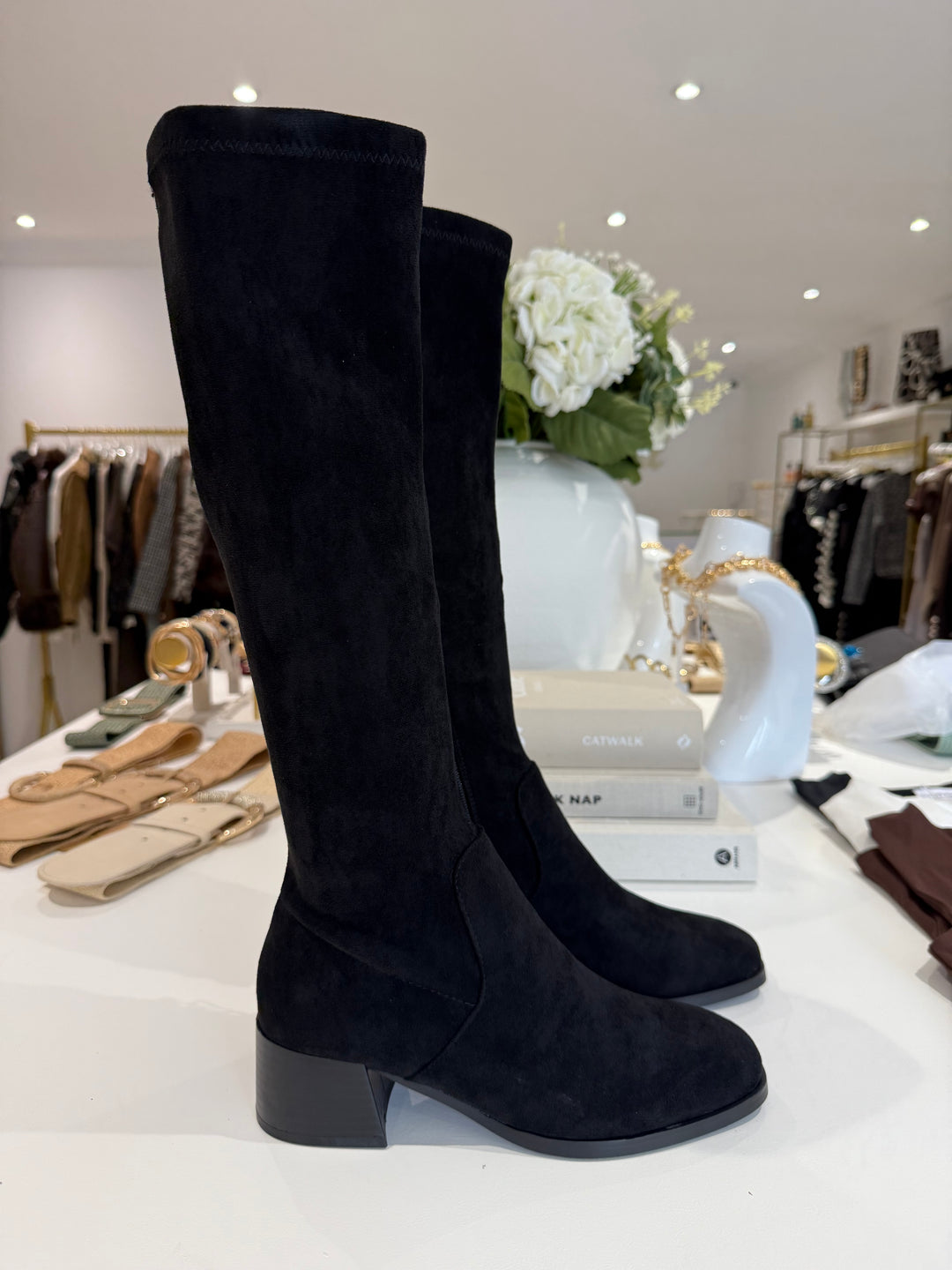 Faux Suede Knee Length Block Heel Boot  (2 Colours)