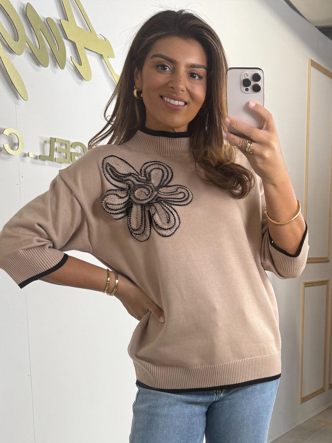 Turtle Neck 3/4 Sleeve 3D Flower Jumper (2 Colours)