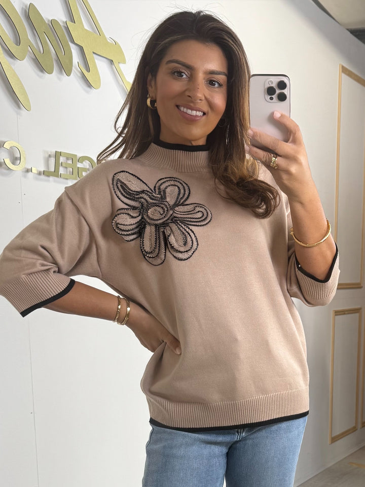 Turtle Neck 3/4 Sleeve 3D Flower Jumper (2 Colours)