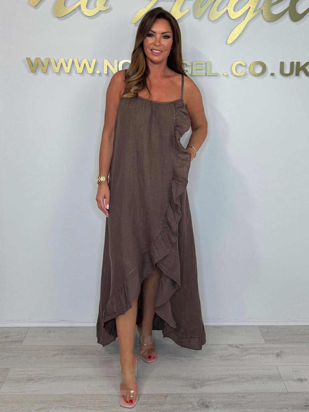 Linen Spaghetti Ruffle Detail Maxi High Low Dress (3 Colours)