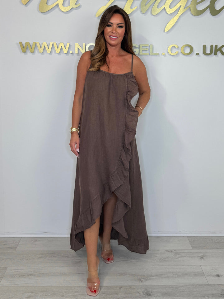 Linen Spaghetti Ruffle Detail Maxi High Low Dress (3 Colours)