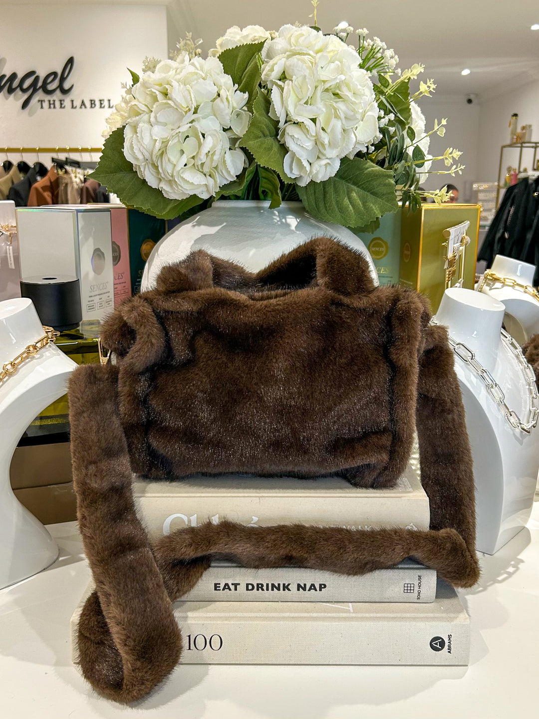 Brown Faux Fur Crossbody Strap Tote Bag