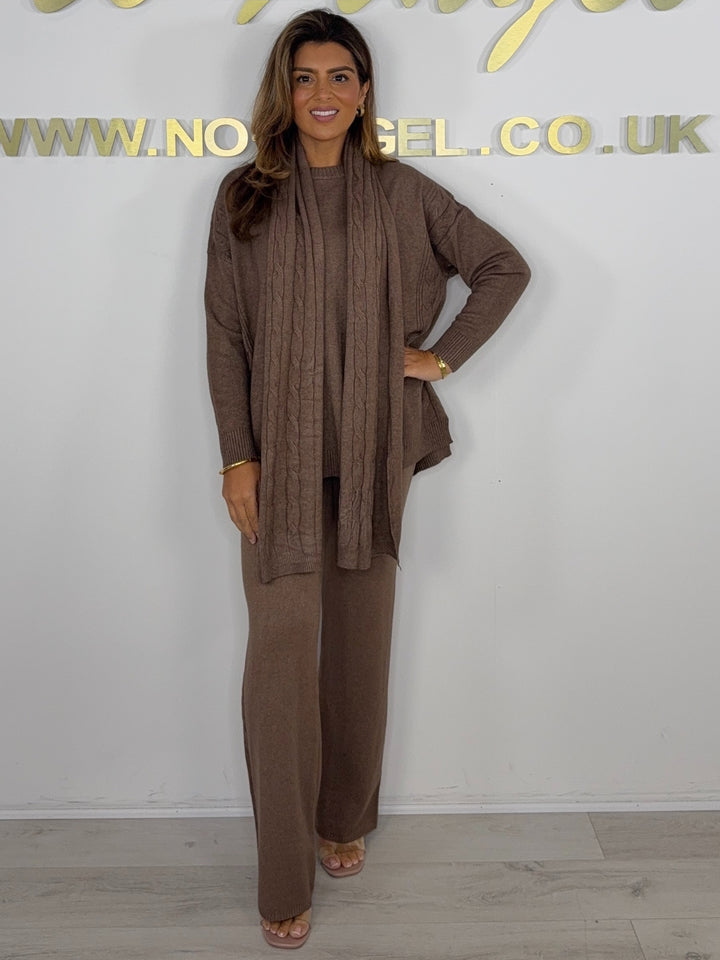 Soft Knit Cable Design Round Neck Top & Trouser Co-ord With Scarf (6 Colours)