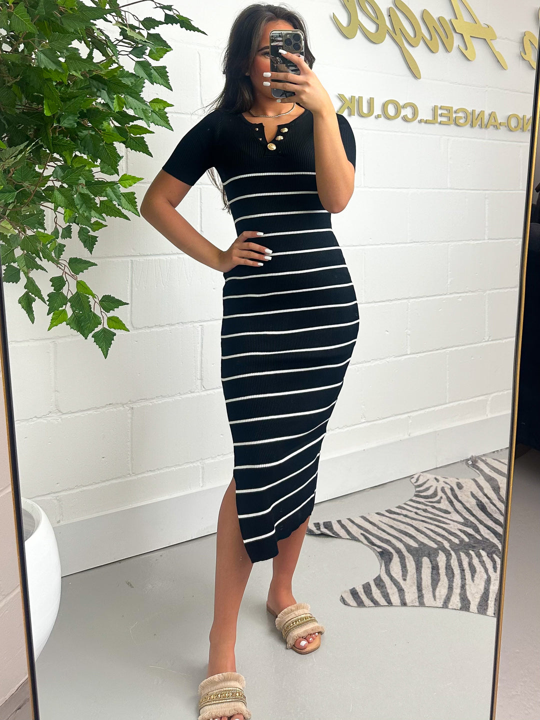 Thin Striped Gold Button Midi Dress (2 Colours)