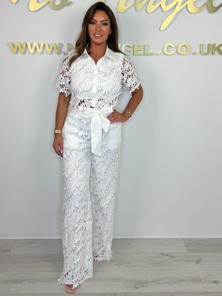 White Broidery Anglaise Tie Waist Cropped Short Sleeve Shirt Co-ord
