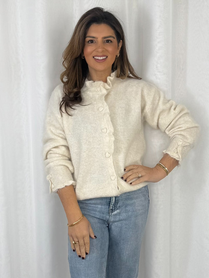 Frill Edge Trim Heart Design Button Cardigan (3 Colours)