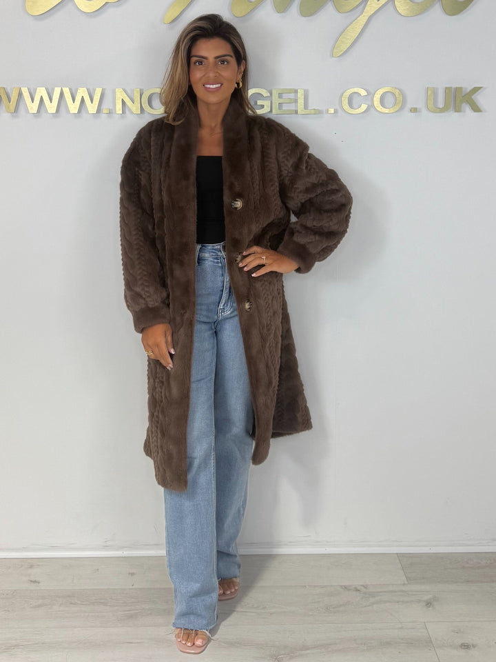 Faux Fur Cable Design Button Up Longline Jacket (4 Colours)