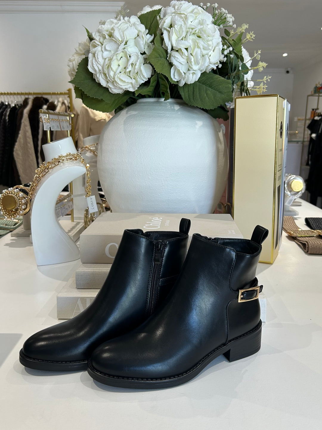 Full Faux Leather Gold Buckle Side Ankle Boots (2 Colours)