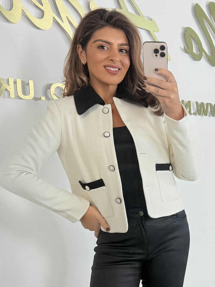 White Black Collar Pearl Button Blazer