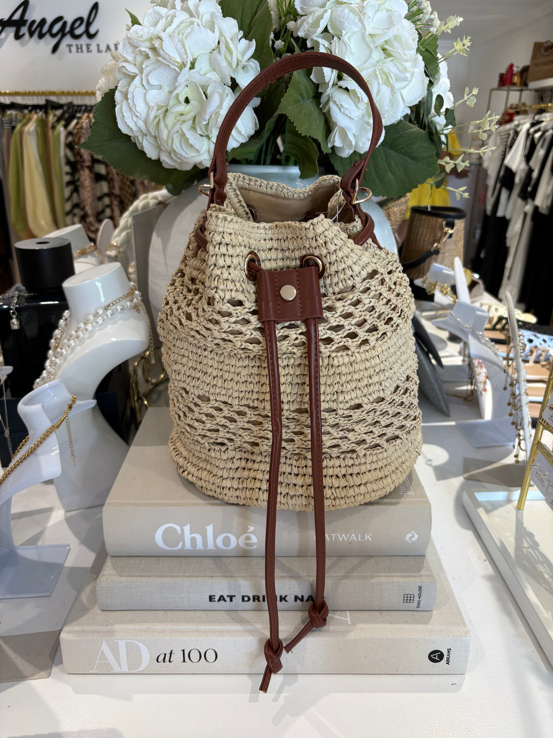 Straw Bucket Bag Faux Leather Strap
