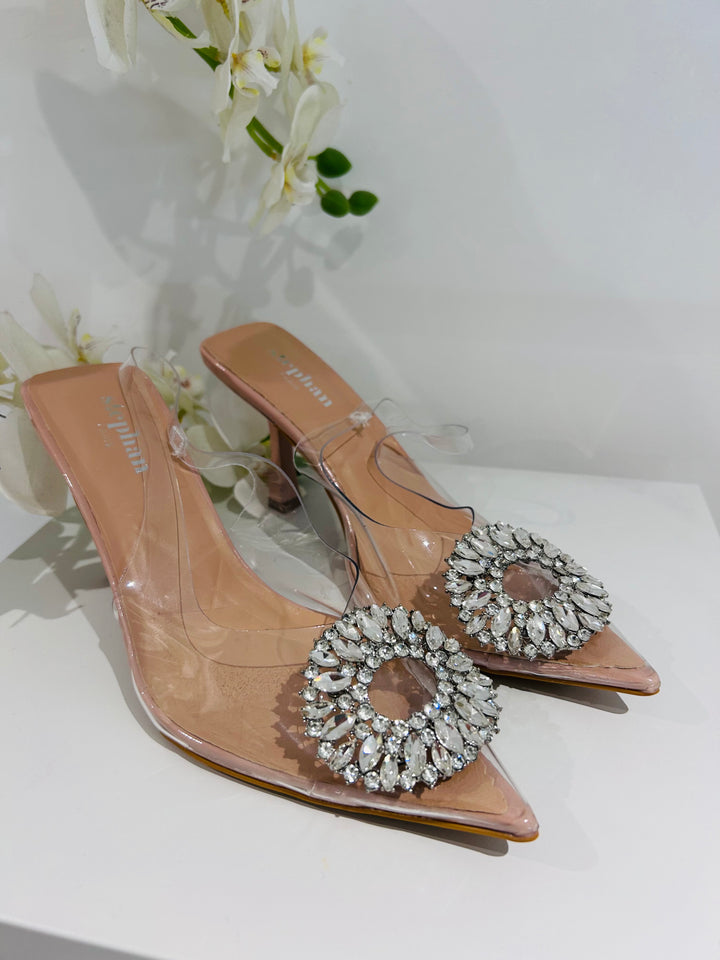 Pointed Clear Toe Nude Diamante Circle Heels