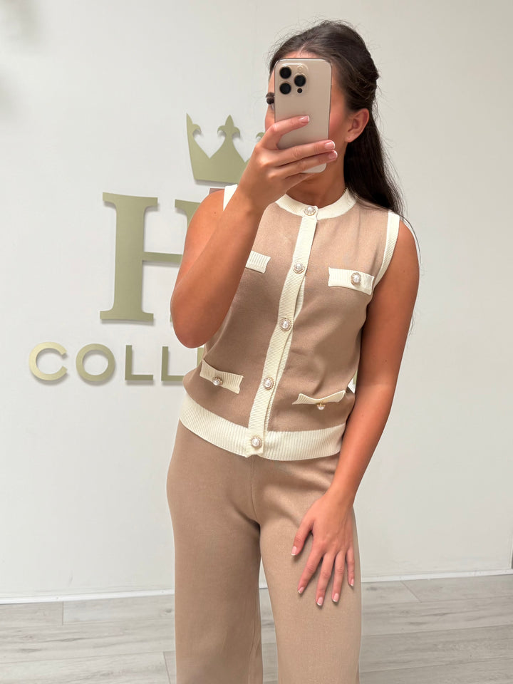 Biscuit/Cream Pearl Button Sleeveless Top & Trouser Co-ord