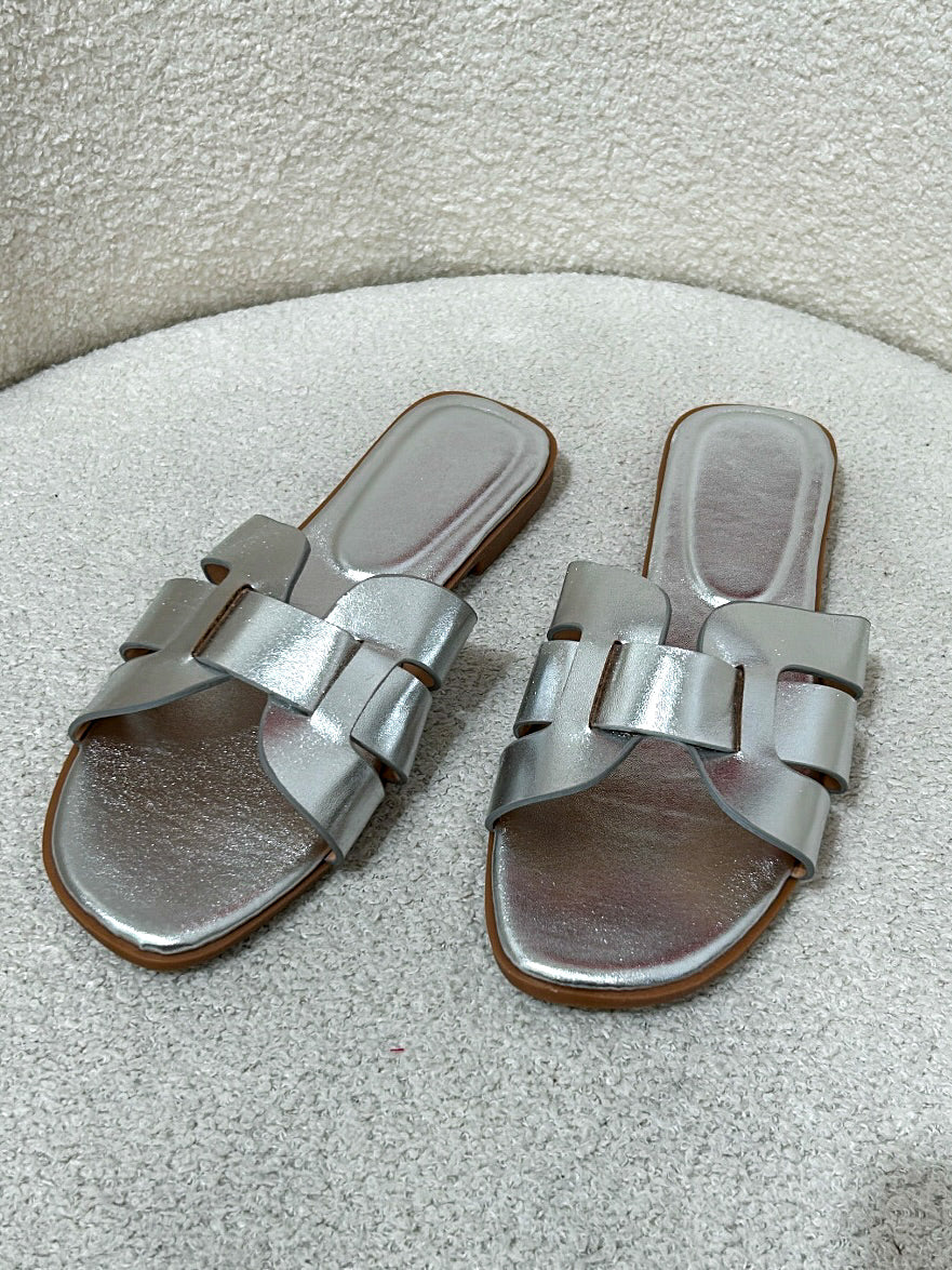 Silver Shine Look CrossOver Sandal Sliders