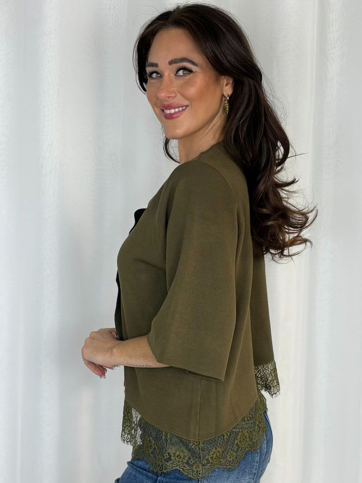 Large Covered Button Asymmetric Lace Trim Cardigan (7 Colours)