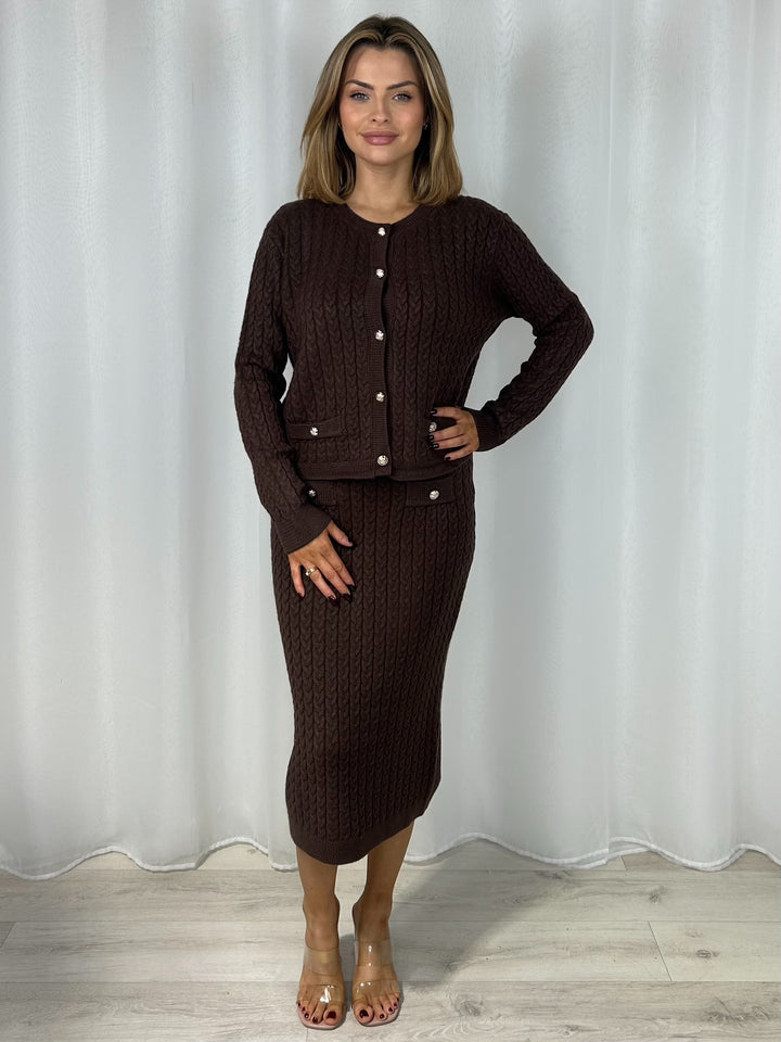 Cable Knit Gold Button Up Cardigan & Midi Skirt Co-Ord (4 Colours)
