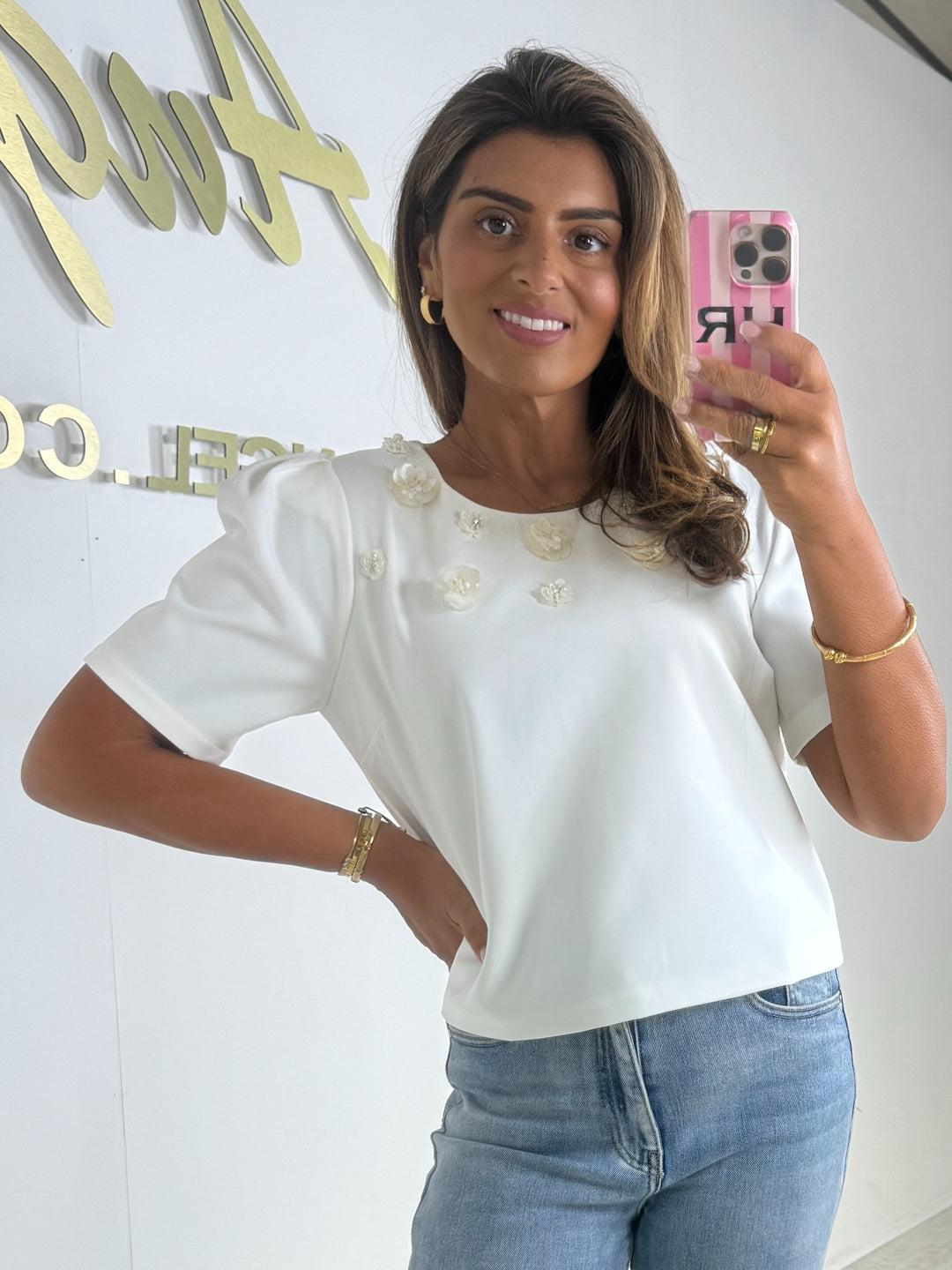 Short Puff Sleeve Sequin Flower Detail Top (4 Colours)