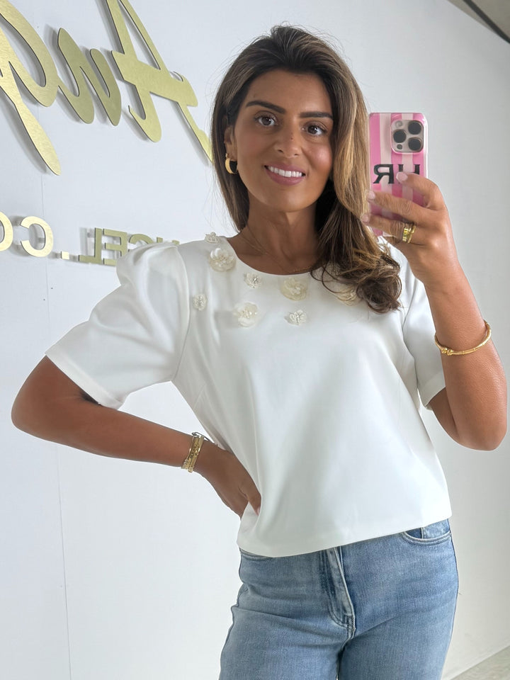 Short Puff Sleeve Sequin Flower Detail Top (4 Colours)