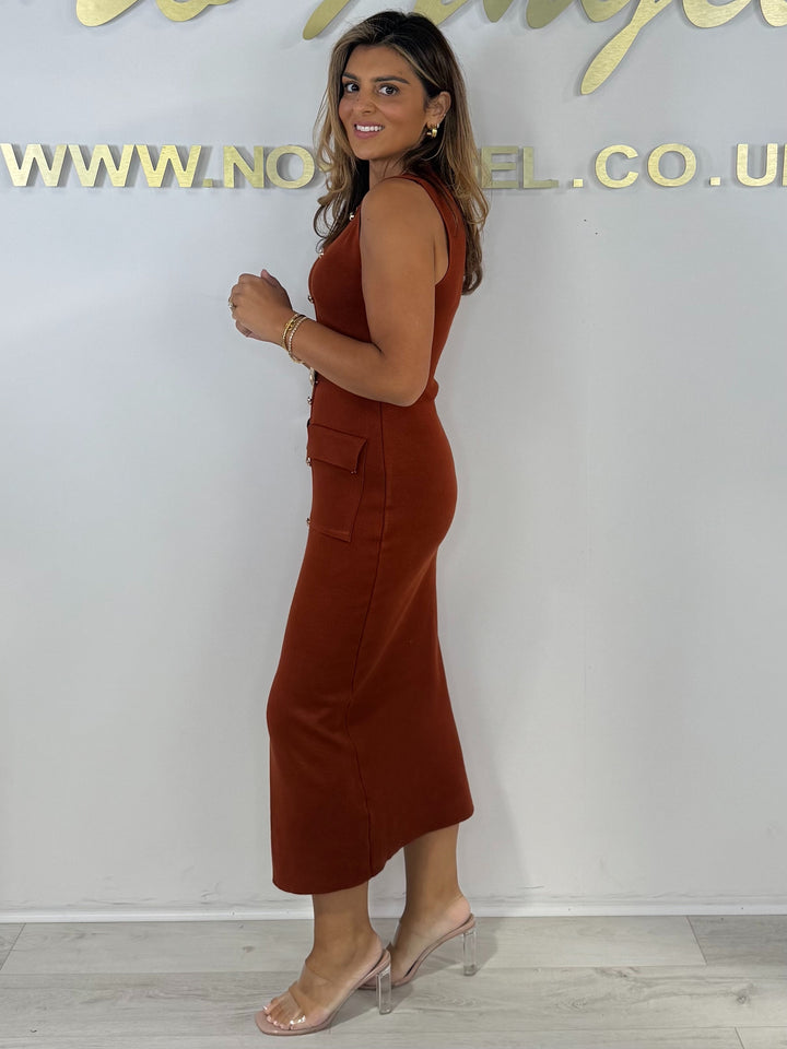 Soft Knit Sleeveless Gold Button Belted Split Front Midi Dress (5 Colours)