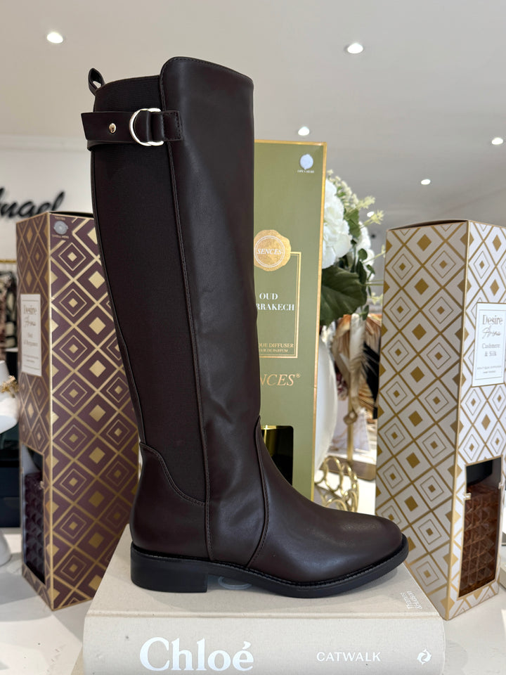 Elastic Back Gold Buckle Knee High Boots (2 Colours)
